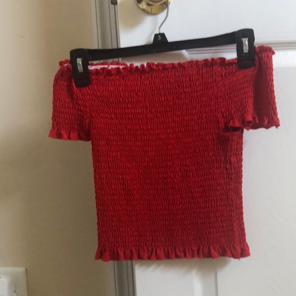 Rue 21 Cropped Short Sleeve Red Off The Shoulder Ribbed Top